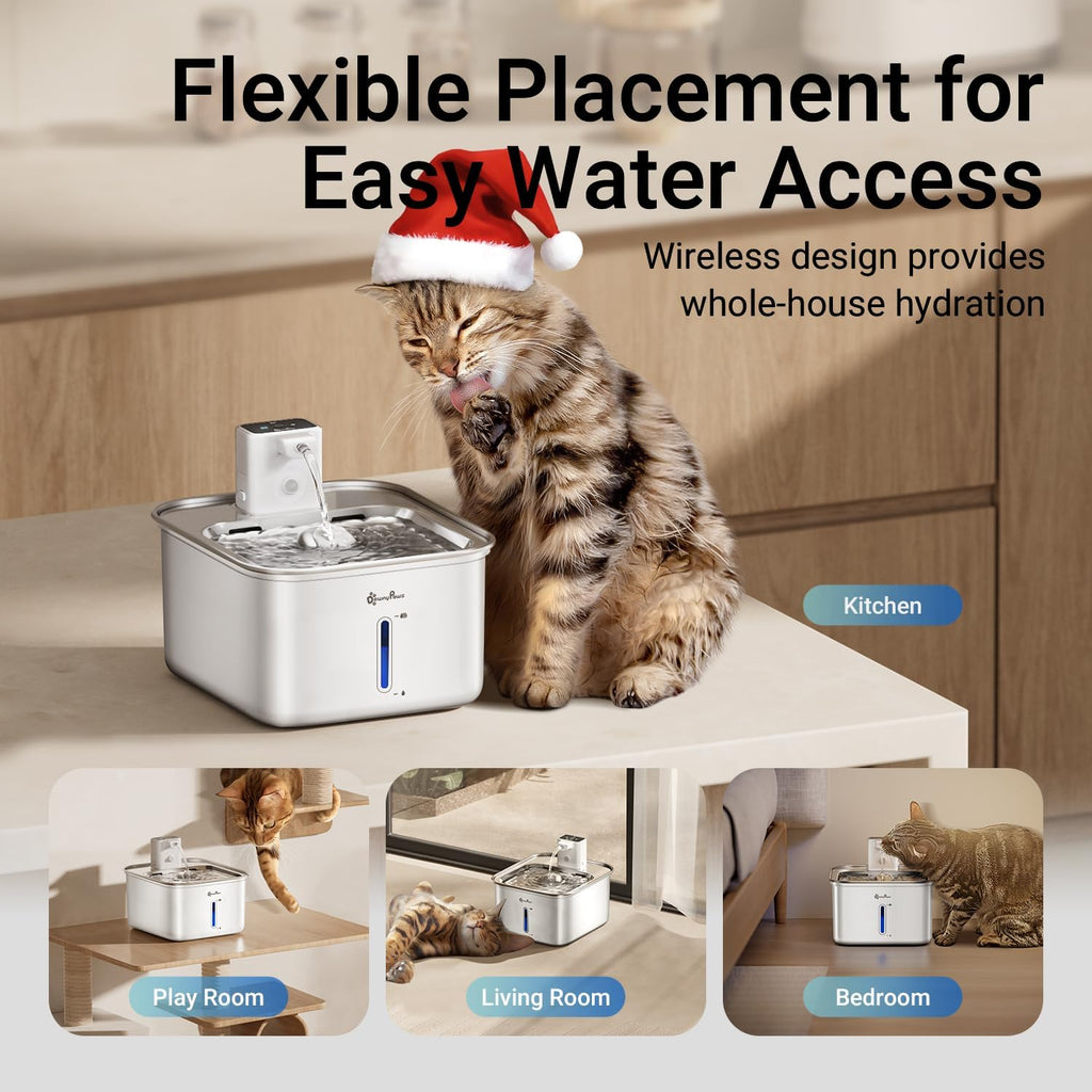 DownyPaws Cat Water Fountain Stainless Steel Wireless, 101 oz/3L FurSink Cordless Water Fountain for Cats, Battery Operated Cat Fountains for Drinking with Motion Sensor, Easy Clean, White