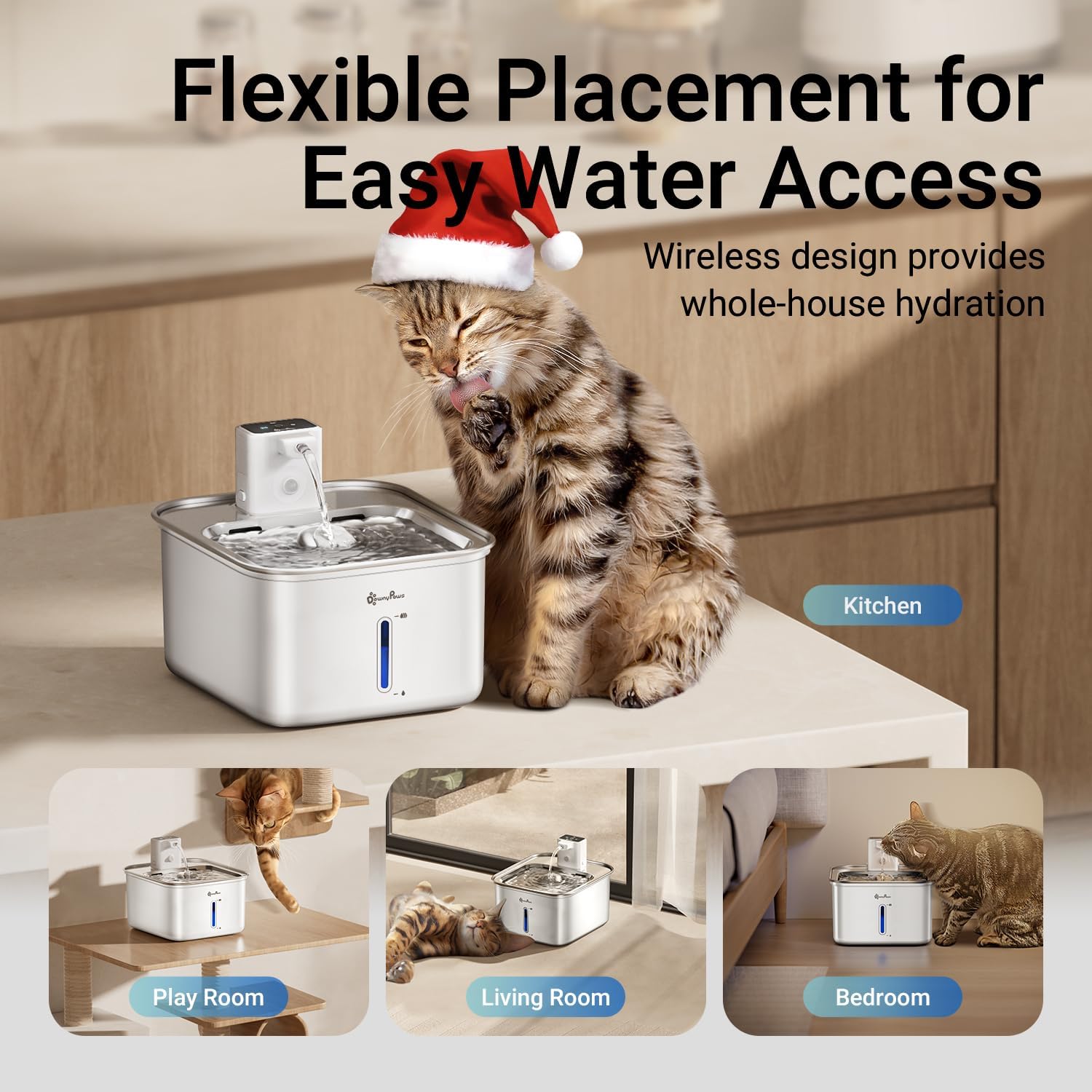 DownyPaws Cat Water Fountain Stainless Steel Wireless, 101 oz/3L FurSink Cordless Water Fountain for Cats, Battery Operated Cat Fountains for Drinking with Motion Sensor, Easy Clean, White