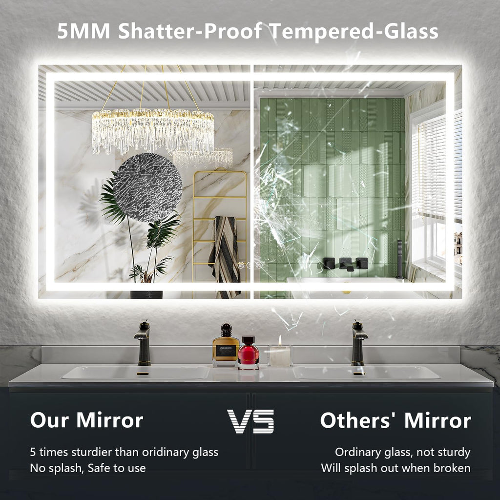 66x36 Inch LED Bathroom Mirror with Lights Front and Backlit Lighted Vanity Mirror for Bathroom Wall with 3 Colors Dimmable Anti-Fog Memory Shatter-Proof IP54 Waterproof Horizontal/Vertical