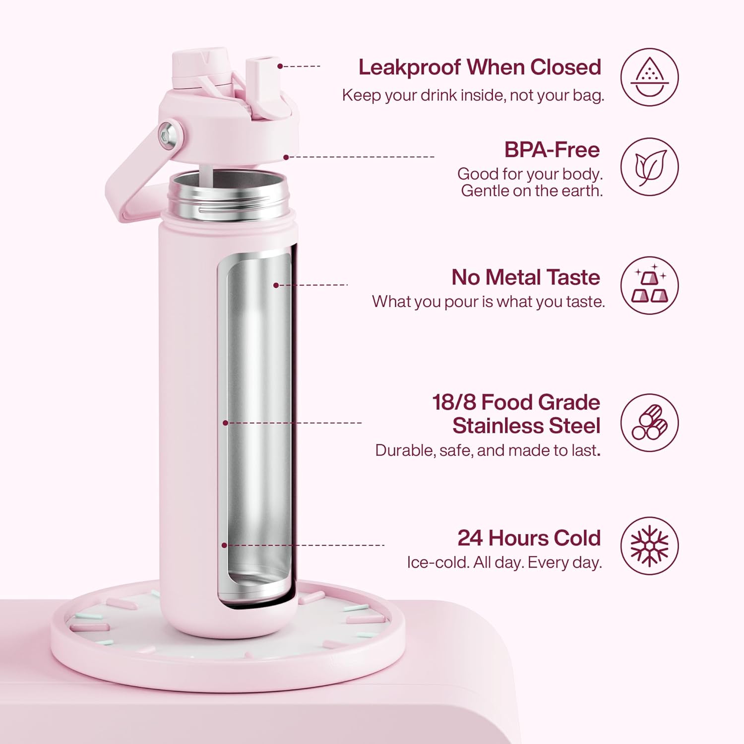 ENCOOL Insulated Water Bottle with Straw Stainless Steel Water Bottle, Leak-Proof, BPA-Free, Double Wall Vacuum Keeps Cold for 24 Hours for Sports, Travel, School (26 oz, Cotton Candy)