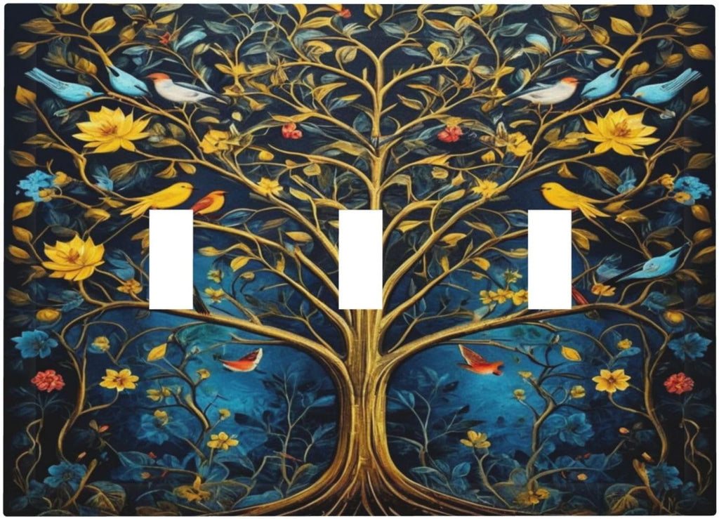 Gold Tree With Birds Flowers on Branches Light Switch Covers 3 Gang Triple Toggle Wall Plate Decorative Switchplate Electrical Faceplate for Farmhouse Living Decor