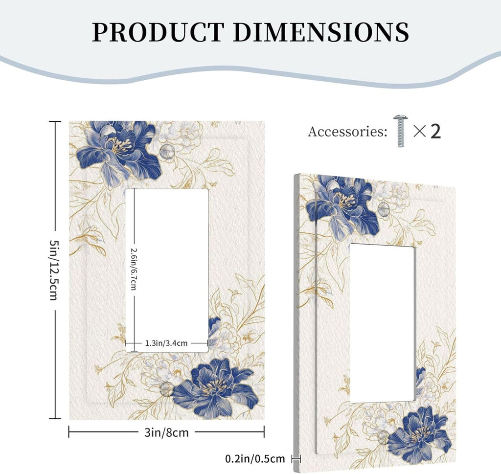 Decorative Outlet Covers Rustic Blue Flower Floral Gold Leaf 1 Gang Rocker Light Switch Cover Plate Single Wall Plates for Electrical Outlets Switch Plate Covers Faceplate for Home Decor