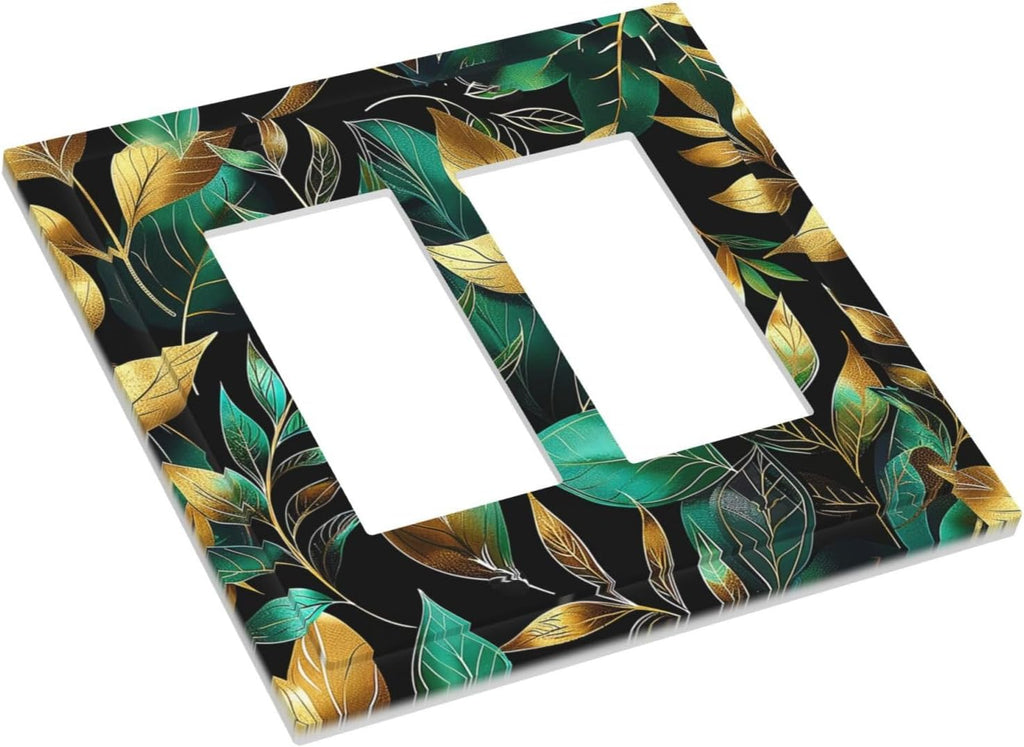 Decorative Outlet Covers Vintage Dark Green Vine Leaf Golden Plants 2 Gang Double GFCI Rocker Electrical Wall Panels Light Switch Cover Plate for Bed Room Cabin Decor