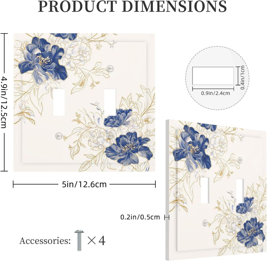 Decorative Light Switch Cover Plate Rustic Blue Flower Floral Gold Leaf 2 Gang Outlet Covers Double Toggle Wall Plates for Electrical Outlets Switch Plate Covers Faceplate for Home Decor