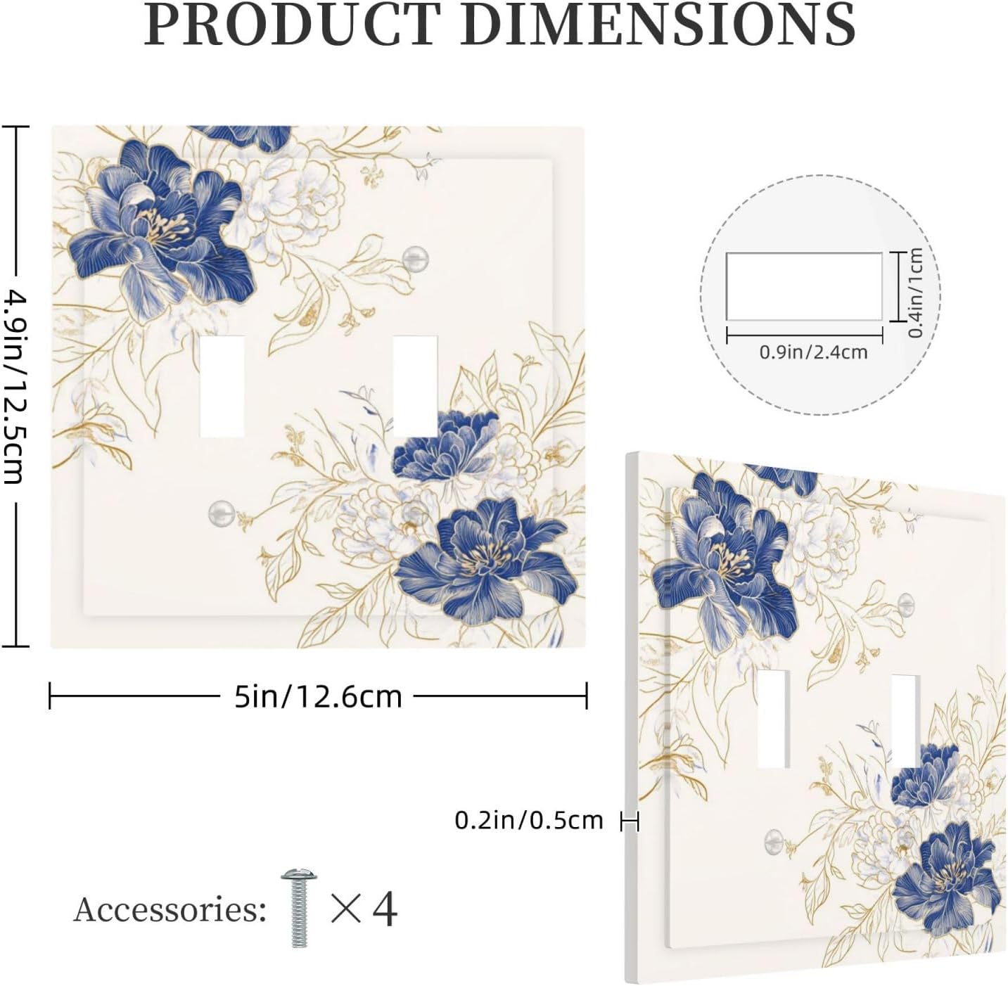 Decorative Light Switch Cover Plate Rustic Blue Flower Floral Gold Leaf 2 Gang Outlet Covers Double Toggle Wall Plates for Electrical Outlets Switch Plate Covers Faceplate for Home Decor