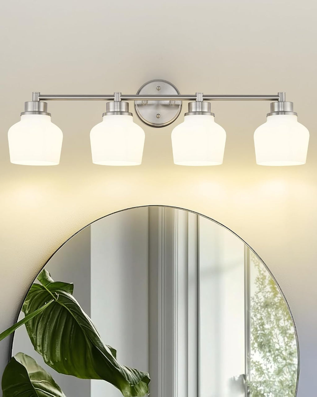 Emak Brushed Nickel Bathroom Light Fixtures Over Mirror, Modern 29 Inch Milk Glass Vanity Light, 4-Light Wall Sconces for Bathroom, Mirror, VL122-BN-ML-4
