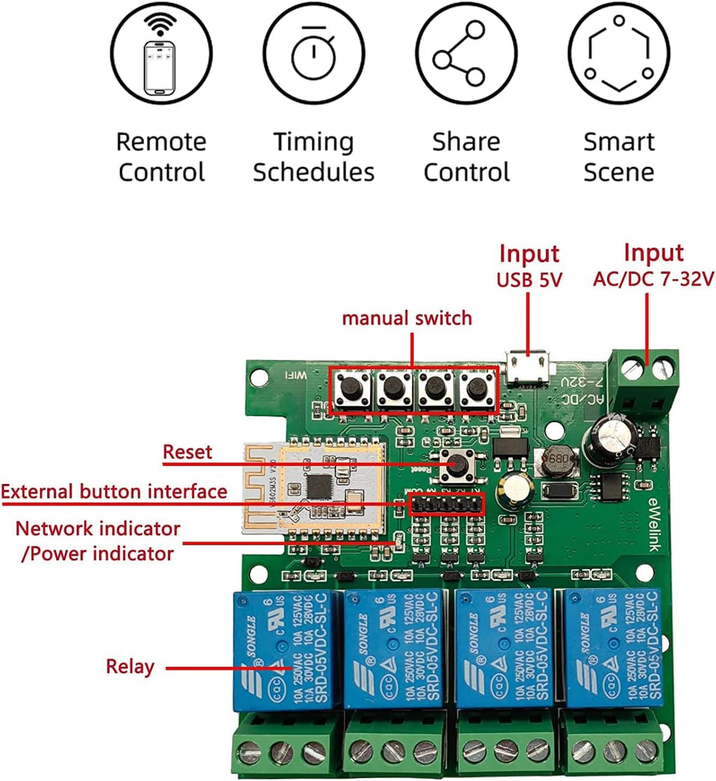 4 Channel Smart Switch, Momentan/Locking WiFi Relay, eWeLink App Bluetooth Control Switch, DIY Smart Home, Compatible with Alexa Google Home