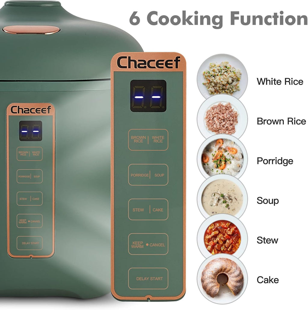 CHACEEF Mini Rice Cooker 2 Cups Uncooked, 1.2L Rice Cooker Small, Portable Non-Stick Small Travel Rice Maker, BPA Free, Smart Control Multifunction Cooker with 24 Hours Timer Delay & Keep Warm Function, Green