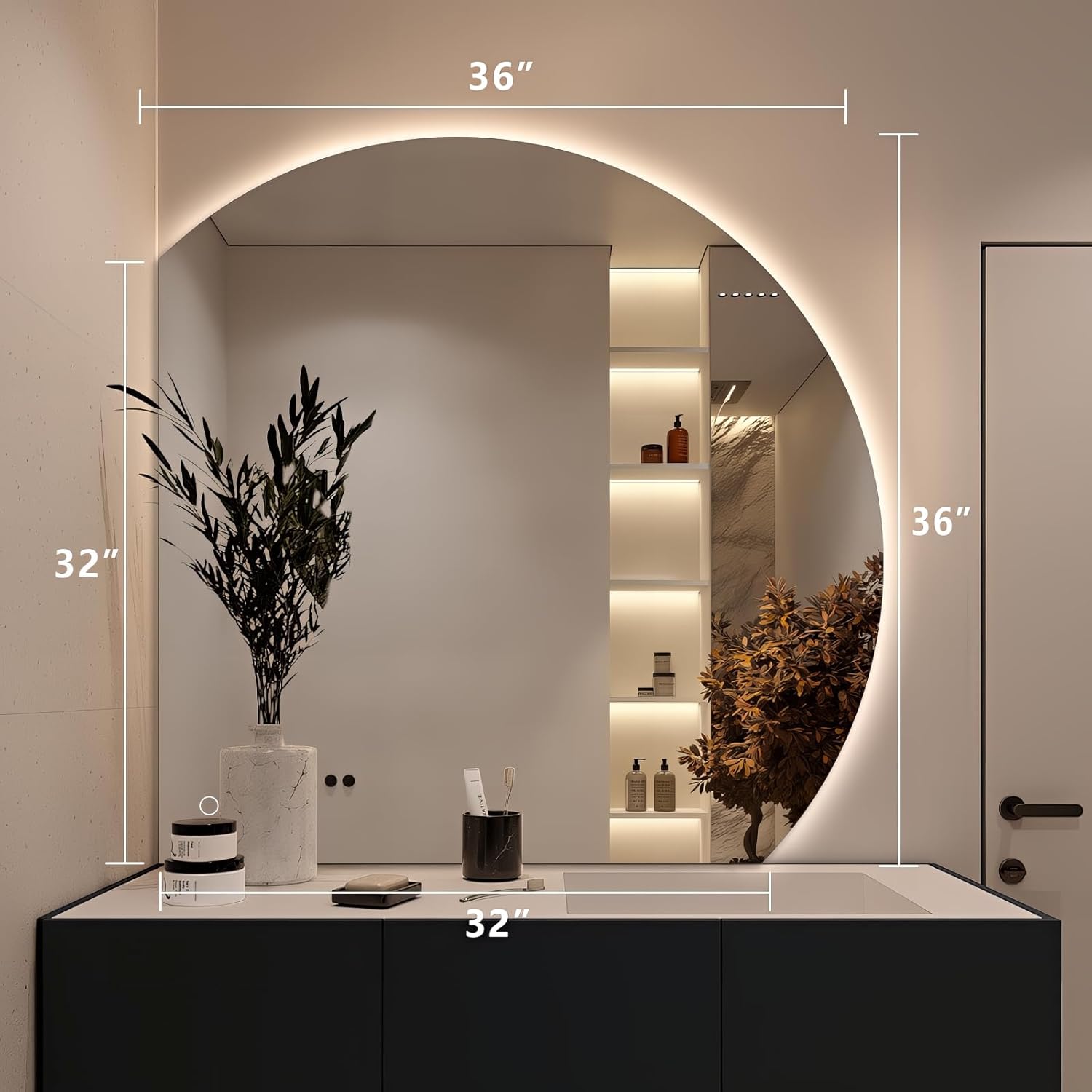 Niccy Half Moon LED Mirror for Bathroom, 36" Semi Backlit Mirrors Frameless Makeup Mirror with Light, Anti-Fog, Shatter-Proof, 3 Colors, Smart Vanity Mirrors