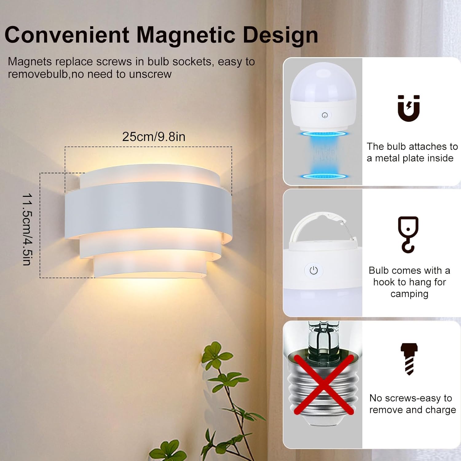 Lightess Battery Operated Wall Sconces Set of 2, Dimmable Rechargeable Wall Lights with Remote Control, Sconces Wall Decor Set of 2 with Bulbs for Bedroom Living Room, White