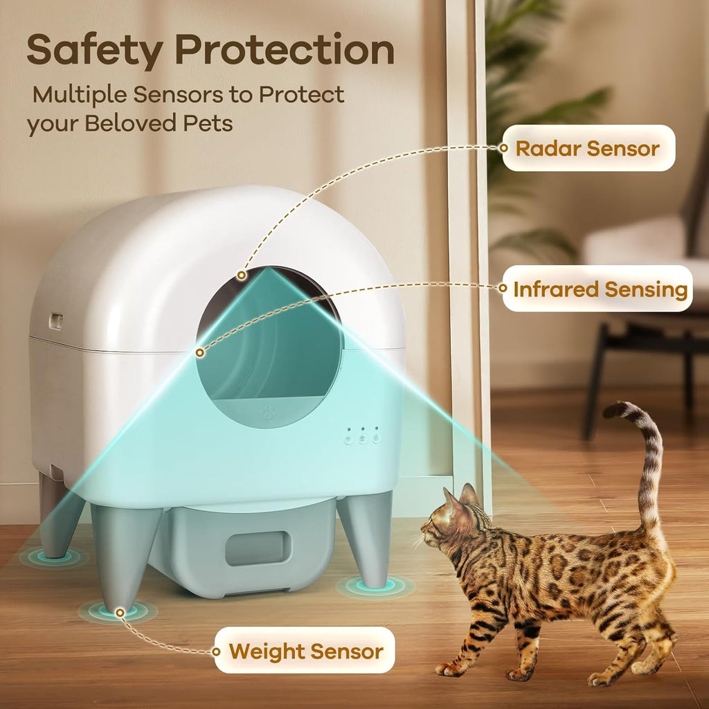 Automatic Cat Litter Box Self Cleaning Litter Box Large Capacity for Multiple Cats, App Control with Safety Sensors, Removable Washable Liner,2 Rolls Garbage Bags,Grey
