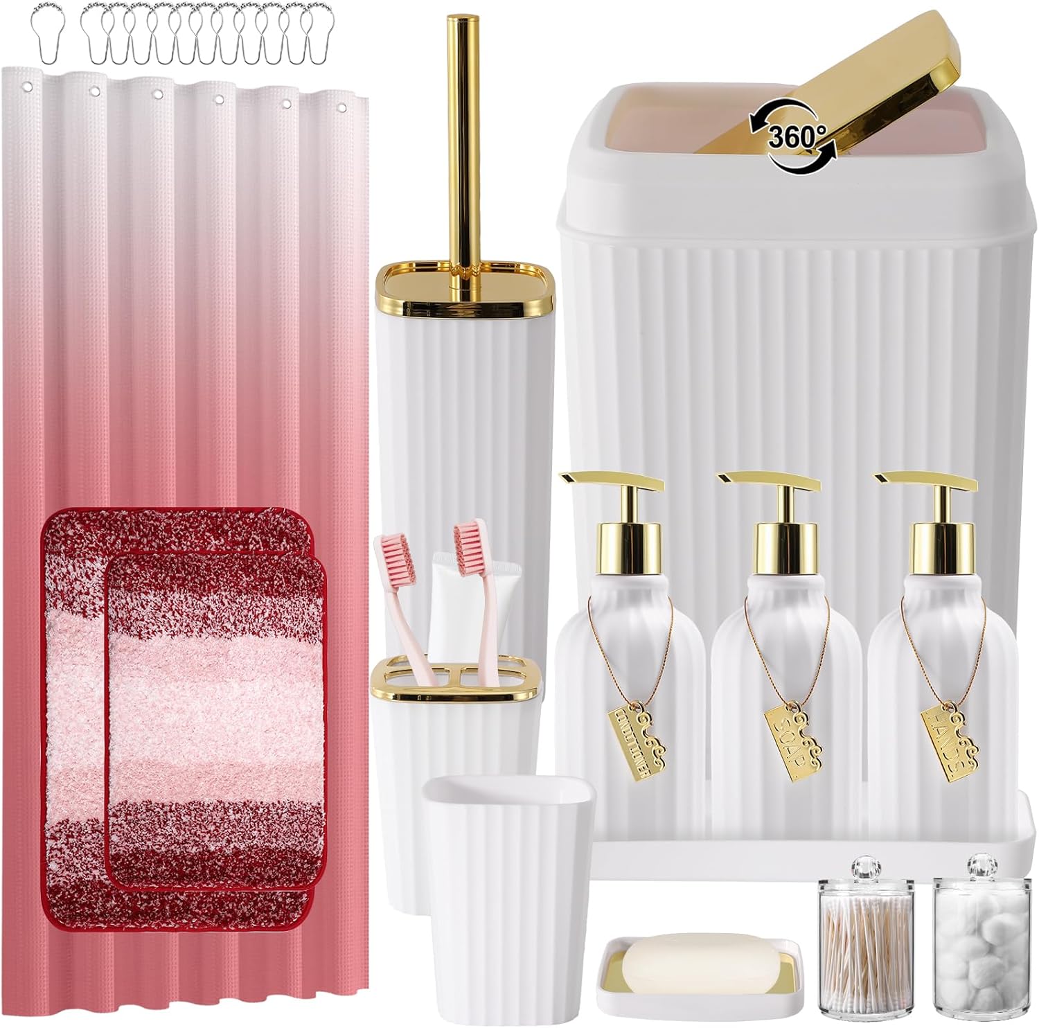 32PCS Bathroom Set Bathroom Sets with Shower Curtain and Rugs Gold Bathroom Accessories,Shower Curtain Set,Bathroom Rug Set with Bathroom Trash Can
