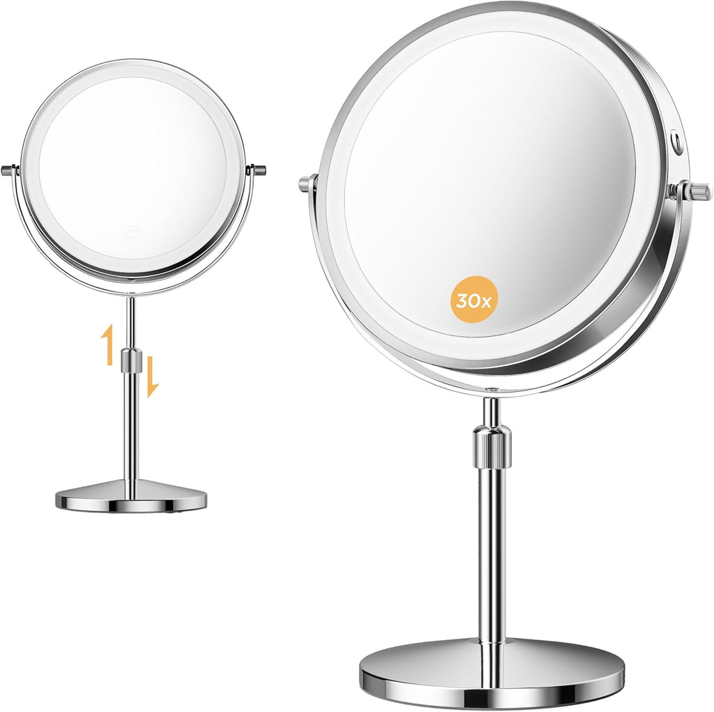 Makeup Mirror, 1X/30X Magnification with 3 Level LED Lights, 5000 mAh Rechargeable Double Sided 9” Magnifying Mirror with 360° Rotation, Perfect for Precision Grooming and Makeup, Women Gift