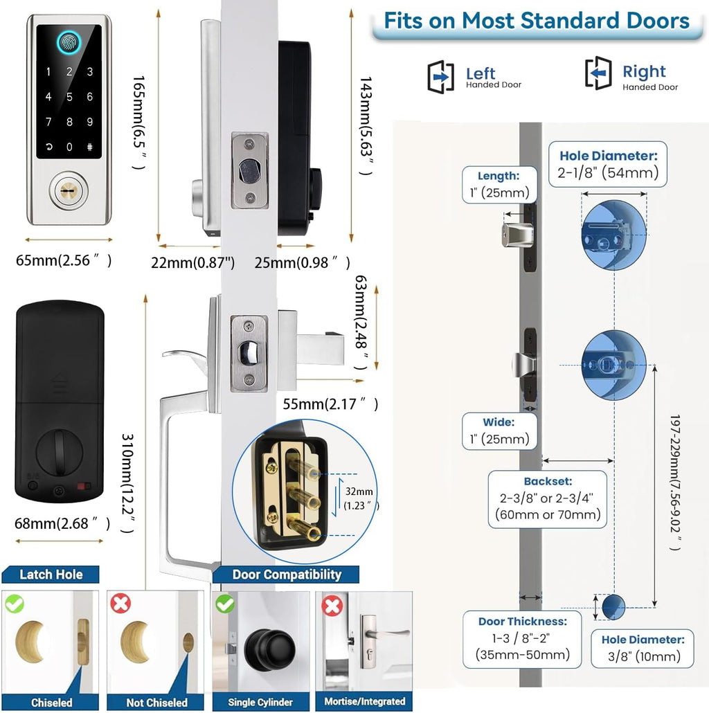 Fingerprint Door Lock with Handle Sets, BEBASIA Keyless Entry Door Lock, Bluetooth Front Door Lock Set, Smart Deadbolt, Electronic Keypad Digital Deadbolt with Handle, Satin Nickel