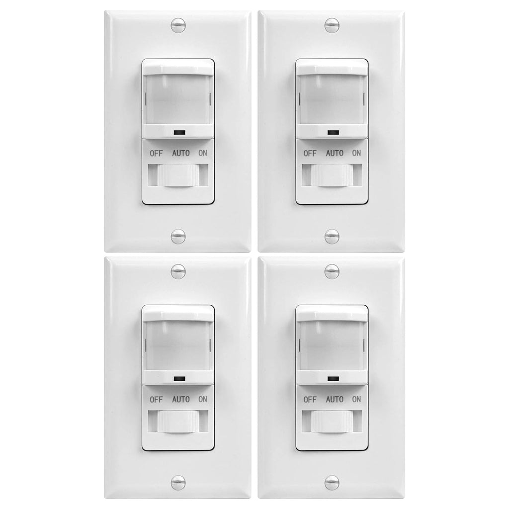 TOPGREENER in-Wall PIR Motion Sensor Light Switch, Motion Sensor Switch, Occupancy Sensor Switch, On/Off Override, 4A, 500W, Single Pole, 𝐍𝐞𝐞𝐝 𝐍𝐞𝐮𝐭𝐫𝐚𝐥 𝐖𝐢𝐫𝐞, TSOS5, White, 4 Pack
