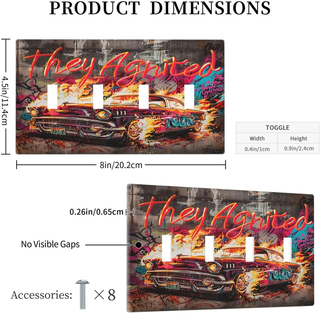Light Switch Covers Hip Hop Street Graffiti Flame Car Quad Toggle Electrical Faceplate 4 Gang Wall Plate Decorative Switch Plates for Bedroom living Room Decor