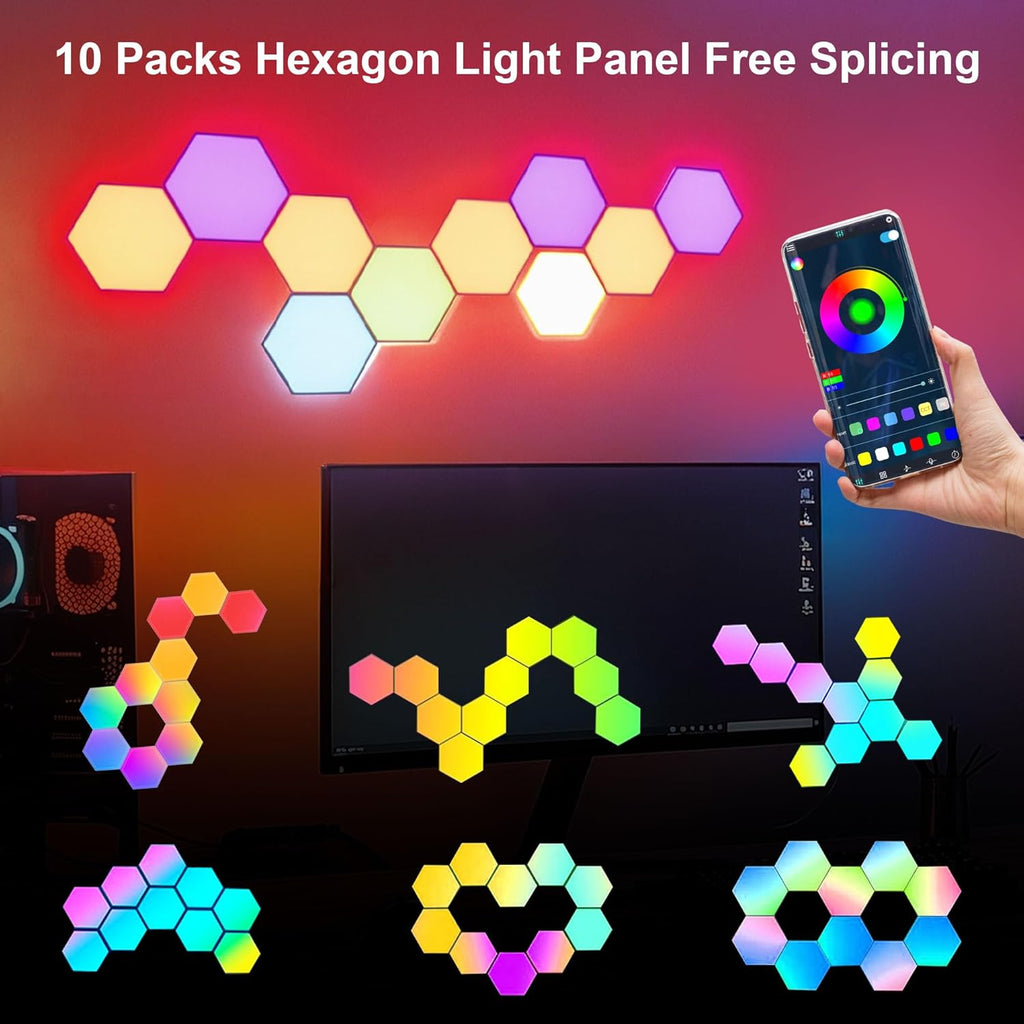 10Pcs RGB Hexagon Light Panels LED Wall Lights, Smart Modular Gaming Lights Creative Wall Lights with APP, Cool DIY Honeycomb Shape Panels Hexagon Lights with Music Sync for Indoor Decor
