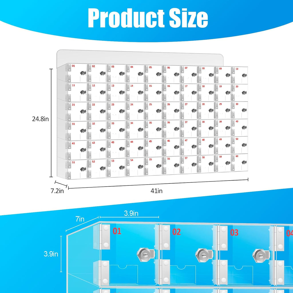 60 Slots Clear Acrylic Cell Phone Locker Box Wall-Mounted with Keys, Lockable Secure Storage Cabinet for Classroom Office Gym, Multi-Use Phone Lock Organizer for Employees Students (Large)