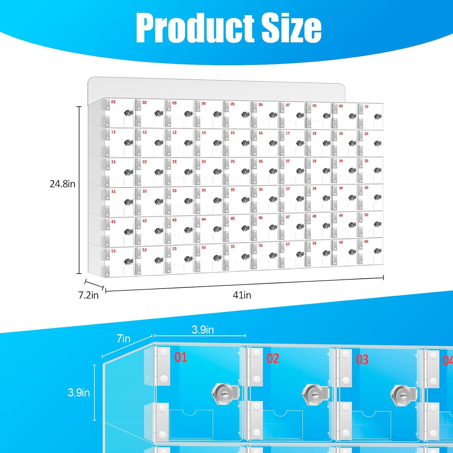 60 Slots Clear Acrylic Cell Phone Locker Box Wall-Mounted with Keys, Lockable Secure Storage Cabinet for Classroom Office Gym, Multi-Use Phone Lock Organizer for Employees Students (Large)
