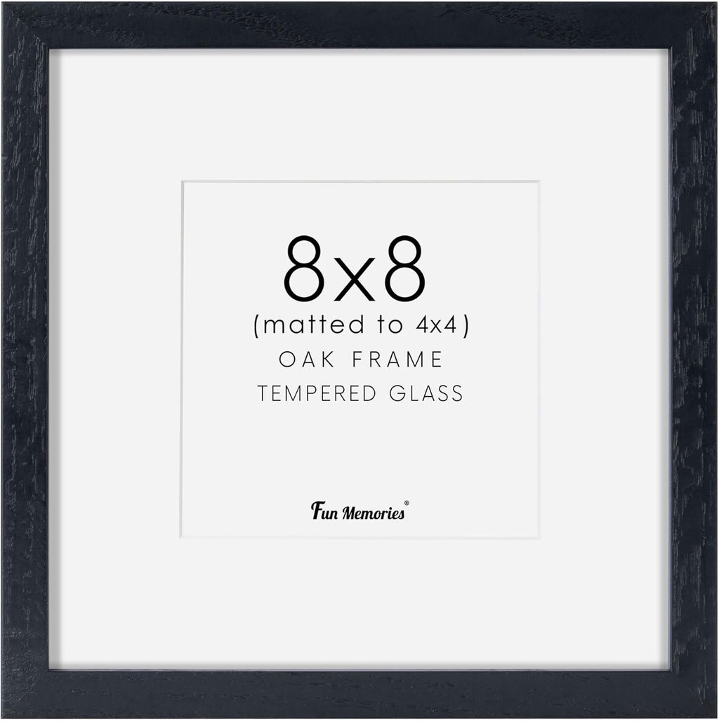 Fun Memories 8x8 Oak Wood Picture Frame in Black, 8"x8" Photo Frame for Wall, Square Frames 8x8 with Stand for Tabletop Display, Real Tempered Glass, 8 x 8 Picture Frames (Black Color, 1 Pack)