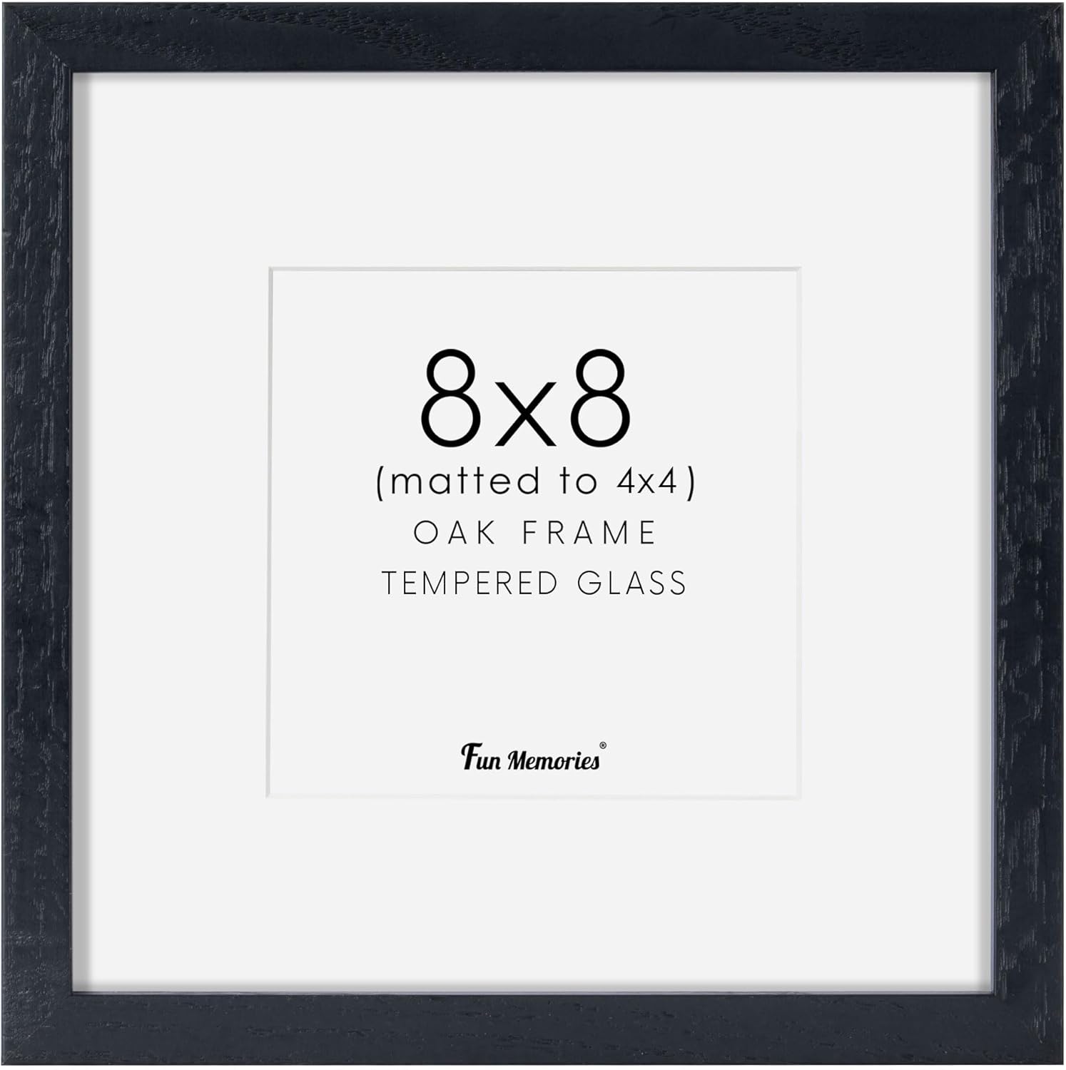 Fun Memories 8x8 Oak Wood Picture Frame in Black, 8"x8" Photo Frame for Wall, Square Frames 8x8 with Stand for Tabletop Display, Real Tempered Glass, 8 x 8 Picture Frames (Black Color, 1 Pack)