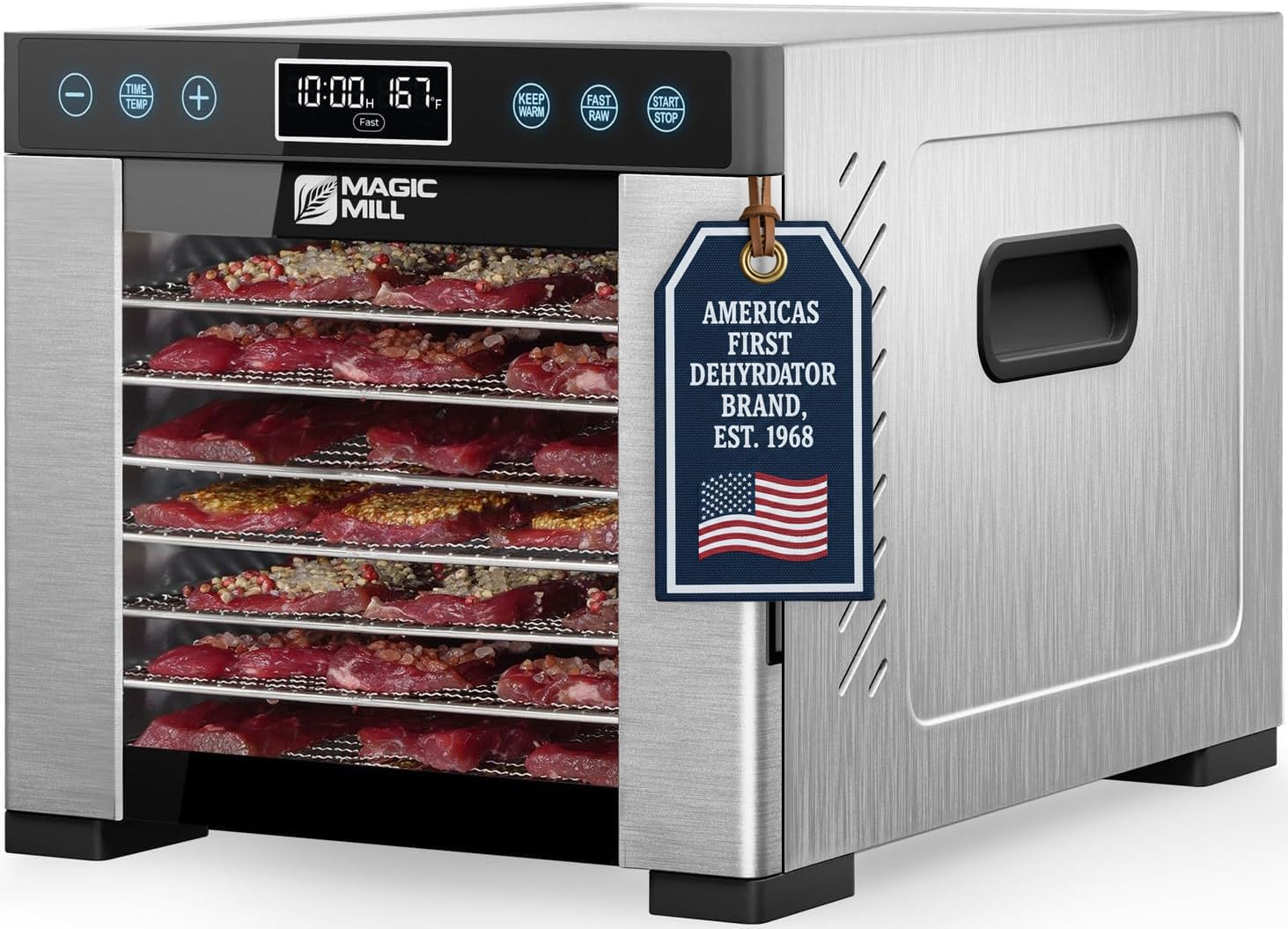 Magic Mill Pro Food Dehydrator Machine | 7 Stainless Steel Trays | Dryer for Jerky, Dog Treats, Herb, Meat, Beef, Fruit | Keep Warm Function, Digital Timer and Temperature Control, ETL Approved