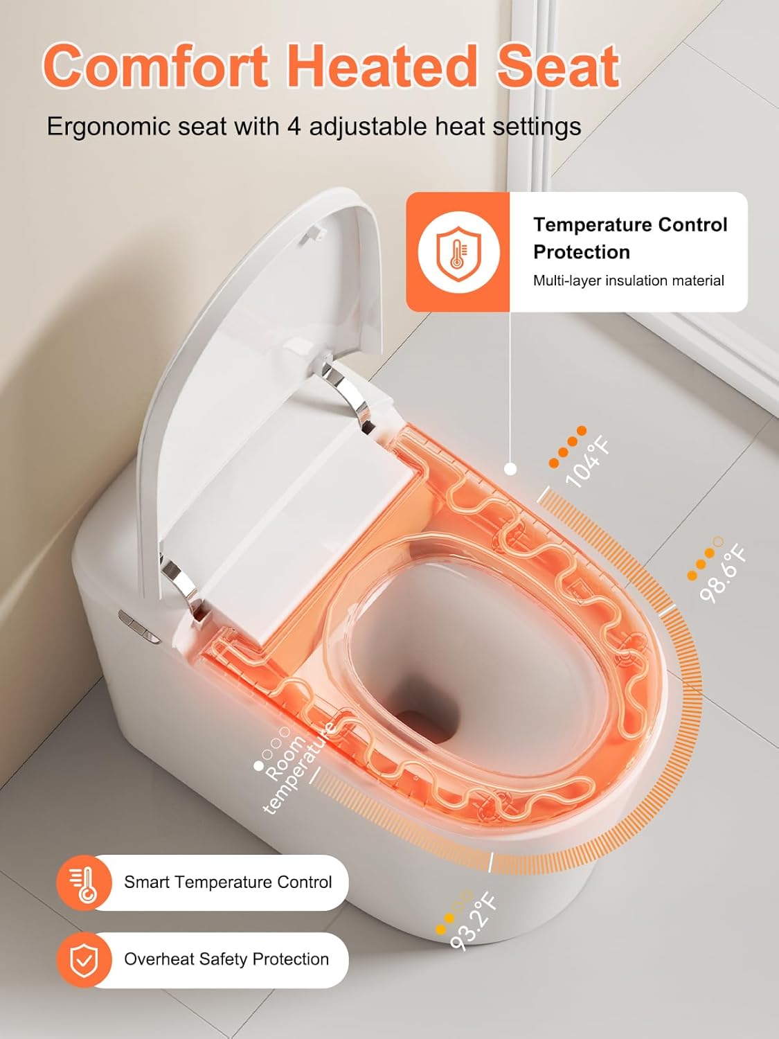 Smart Toilet - ADA Height Heated Seat, Tankless Auto-Flush, Foot Sensor, Night Light, Modern Elongated One-Piece for Bathrooms