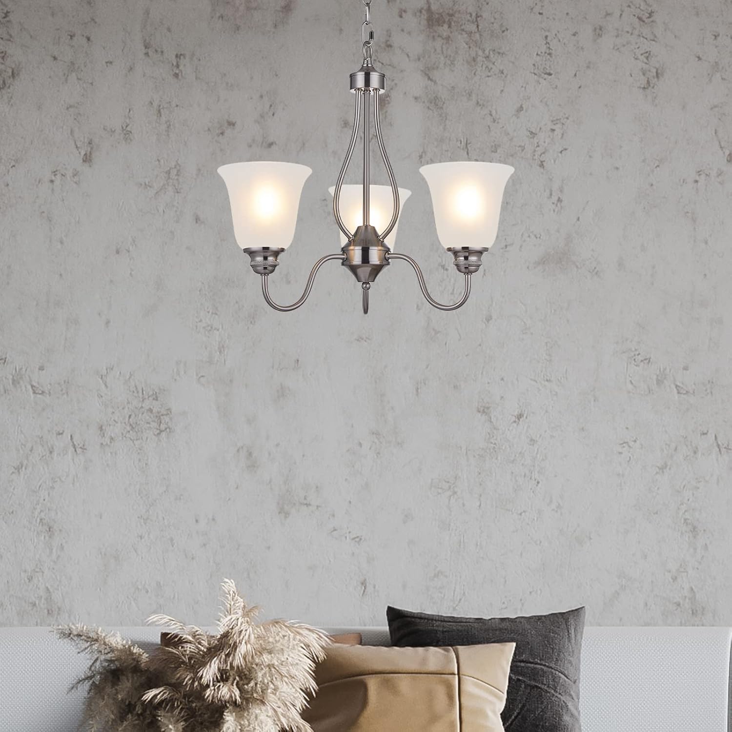 3 Light Chandelier with Brushed Nickel Finish, Classic Style Ceiling Light Fixture with Frosted Glass Shade for Meeting Room Dining Room Living Room Corridor, LED Bulb(not Include)