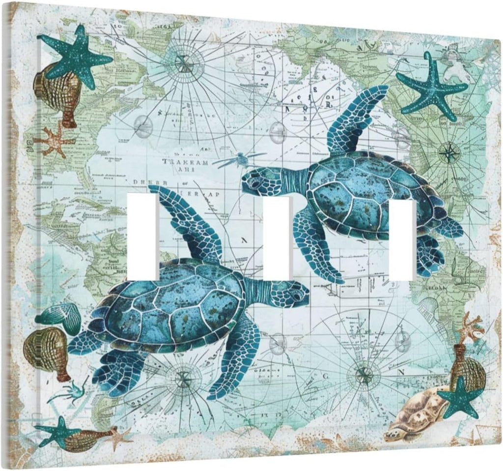 Decorative Switch Plates Nautical Green Sea Turtles Beach Blue Ocean 3 Gang Wall Plate Triple Toggle Light Switch Cover Faceplate Electrical Wall Panels For Bathroom Kids Room Decor