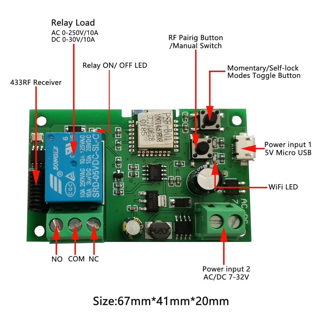 Jane Eyre WiFi Instant Relay Self Lock Switch Module with 433MHz RF Remote Control DIY Garage Door Switch Module Ewelink App Control Compatible with Alexa Goolution Assistant(1 Channel)