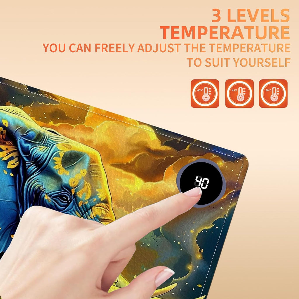 Heated Mouse Pad, Warm Desk Pad, Keyboard Mat 23.6 x 14 Inch Large Size Intelligent Fast Heating, 3 Speed Adjustable, Timed Auto Power Off for Game Office Home, Elephant in Sunflower Field