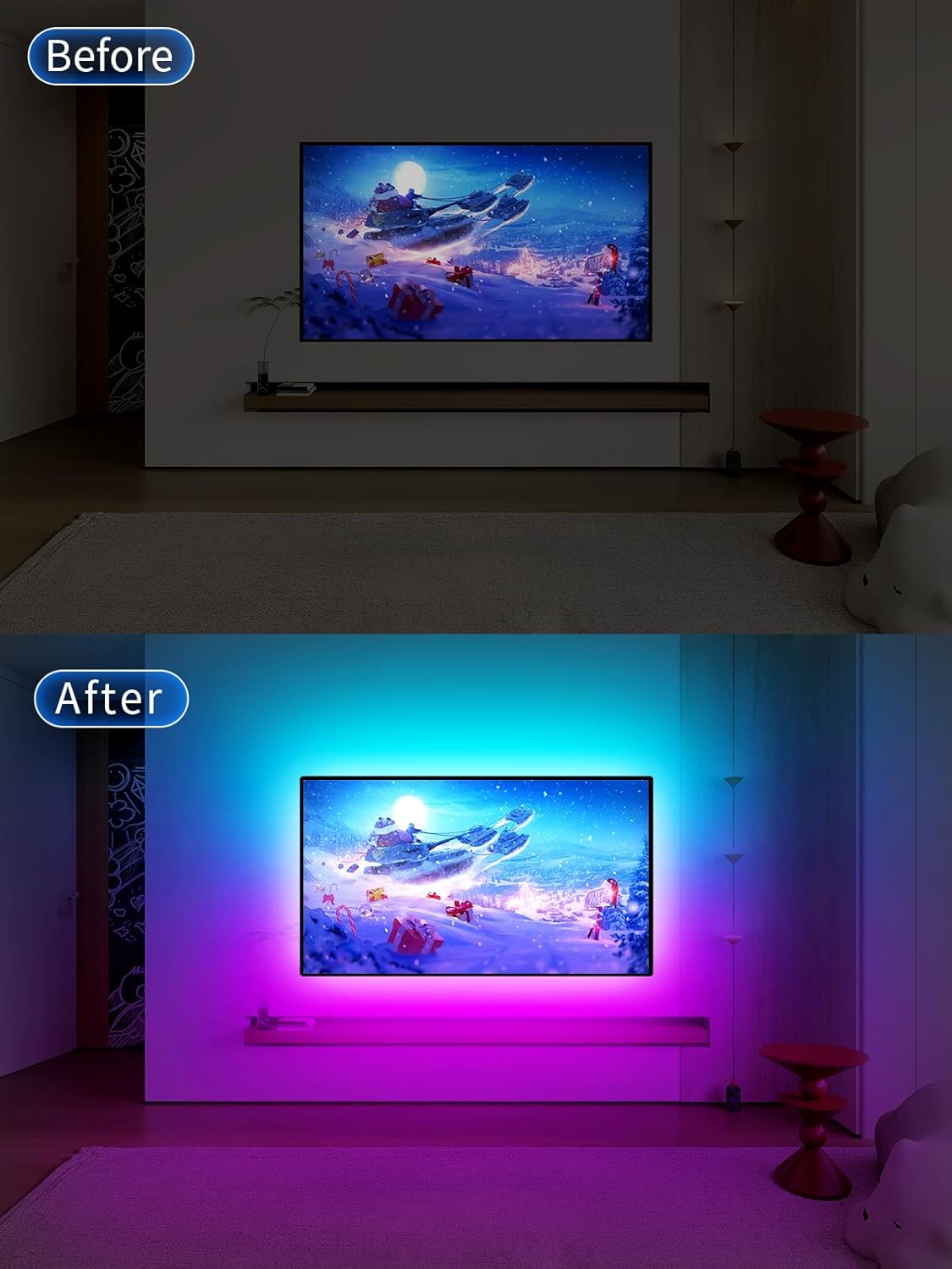 GIPOYENT Music Sync LED TV Backlight, RGB Color Changing Light Strip for 55-80 Inch TVs - Bluetooth Function, Home Theater (19.6ft)