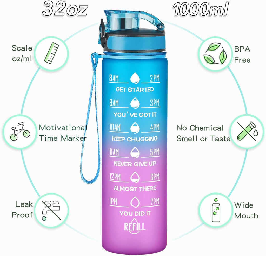 Enerbone Water Bottle, Leakproof BPA & Toxic Free, Motivational Water Bottle with Times to Drink and Straw, Fitness Sports Water Bottle with Strap for Office, Gym, Outdoor Sports