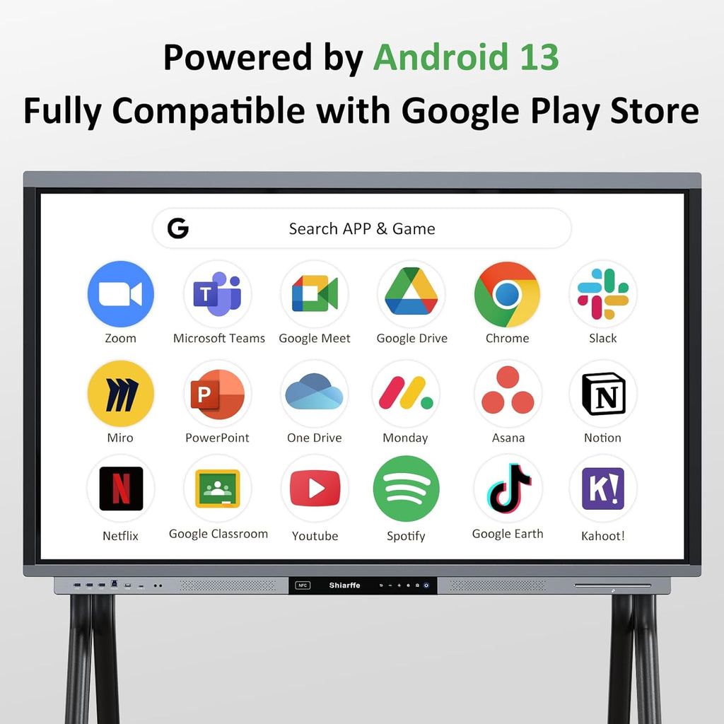 Shiarffe R9 Smart Board with Stand 4K Interactive Whiteboard EDLA-Certified All-in-One Touchscreen Digital Display Built-in 50MP AI Camera Mics and 60W Speaker for Classrom Hybrid Work