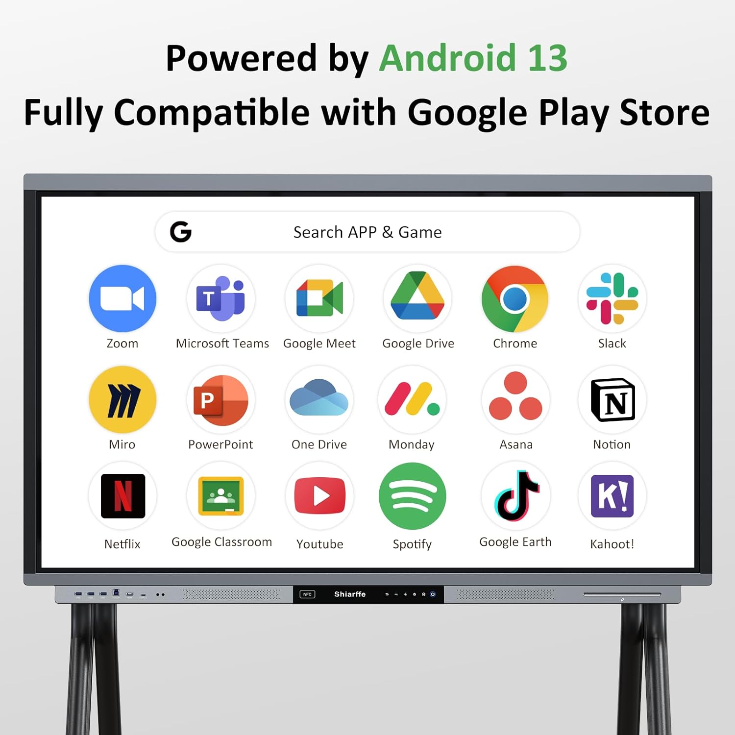Shiarffe R9 Smart Board with Stand 4K Interactive Whiteboard EDLA-Certified All-in-One Touchscreen Digital Display Built-in 50MP AI Camera Mics and 60W Speaker for Classrom Hybrid Work