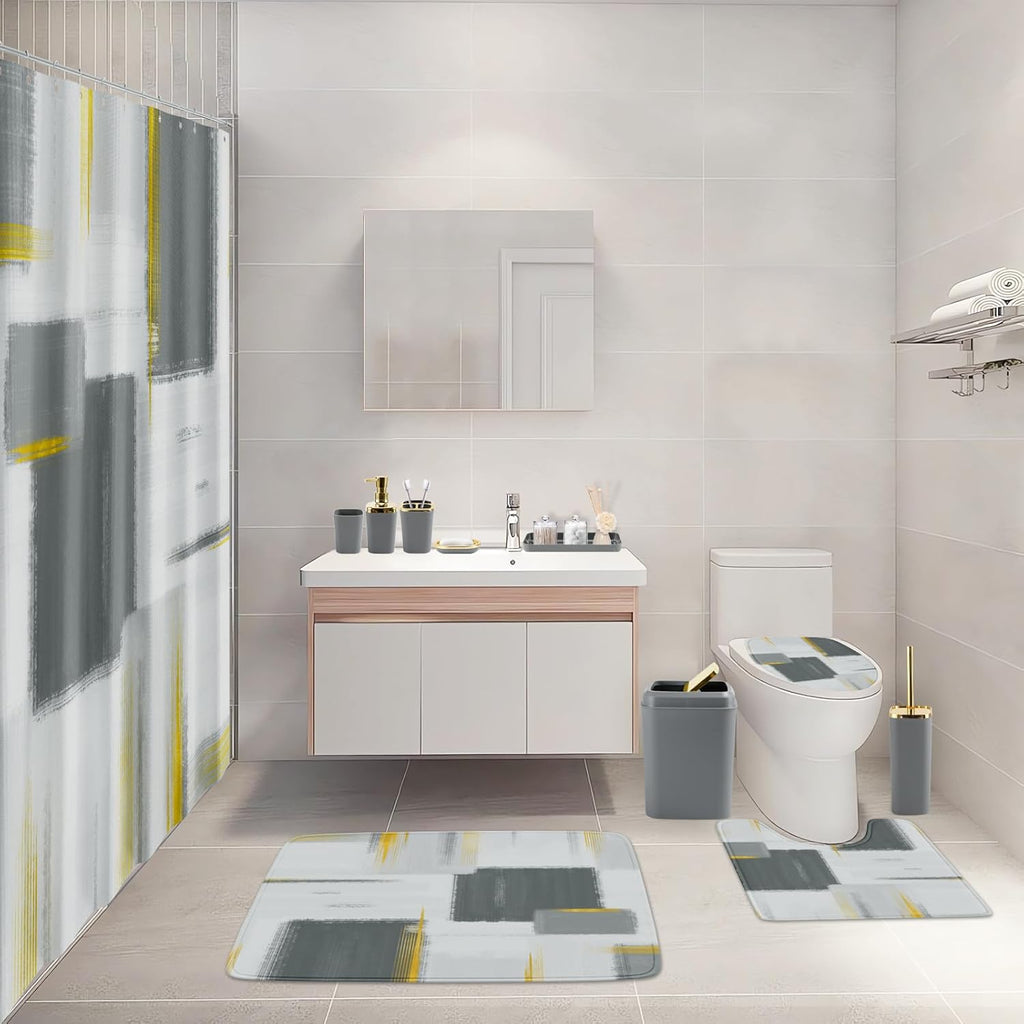 Bathroom Set - Grey and Gold Bathroom Accessories Set, Bathroom Sets with Shower Curtain and Rugs, Grey Shower Curtain Set with Bathroom Trash Can, Soap Dispenser, Soap Dish for Home Decor