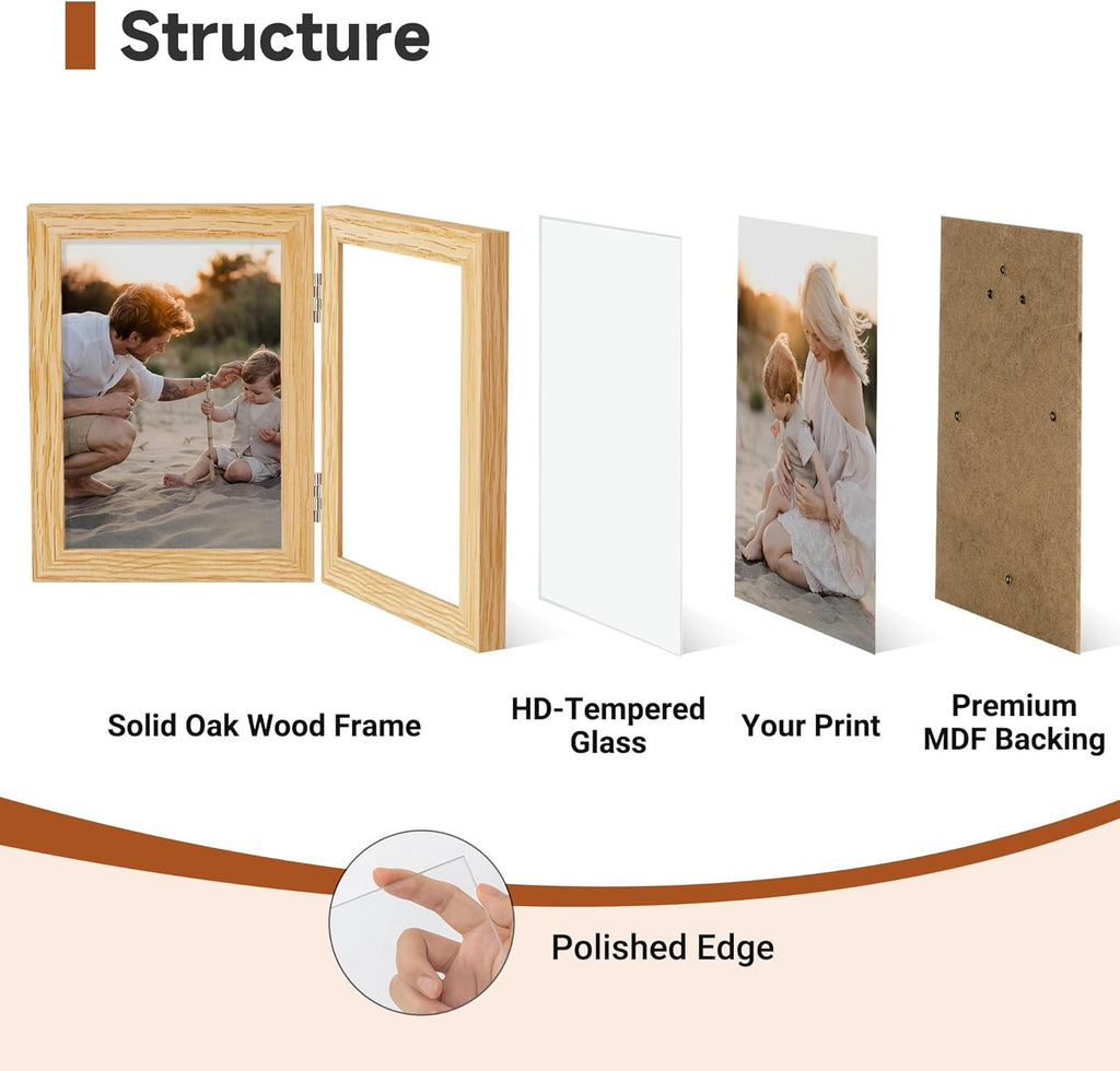 Axeman 5x7 Double Picture Frame - Solid Oak Wood Vertical Hinged 5x7 Photo Frame 2 Opening Folding Family Frames Collage With Real Glass for Tabletop Display, Hanging Hardware Included | Natural