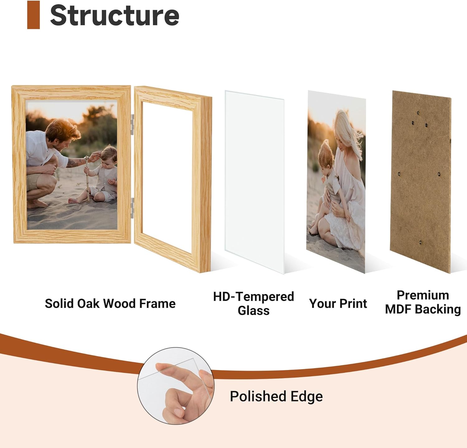 Axeman 5x7 Double Picture Frame - Solid Oak Wood Vertical Hinged 5x7 Photo Frame 2 Opening Folding Family Frames Collage With Real Glass for Tabletop Display, Hanging Hardware Included | Natural
