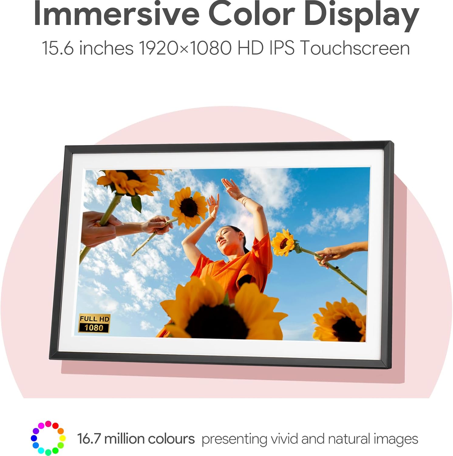 15.6'' Digital Picture Frame with 1920x1080 IPS Touch Screen, Smart Digital Photo Frame with 32GB Storage, Easy Setup to Share Photos/Videos via Free App