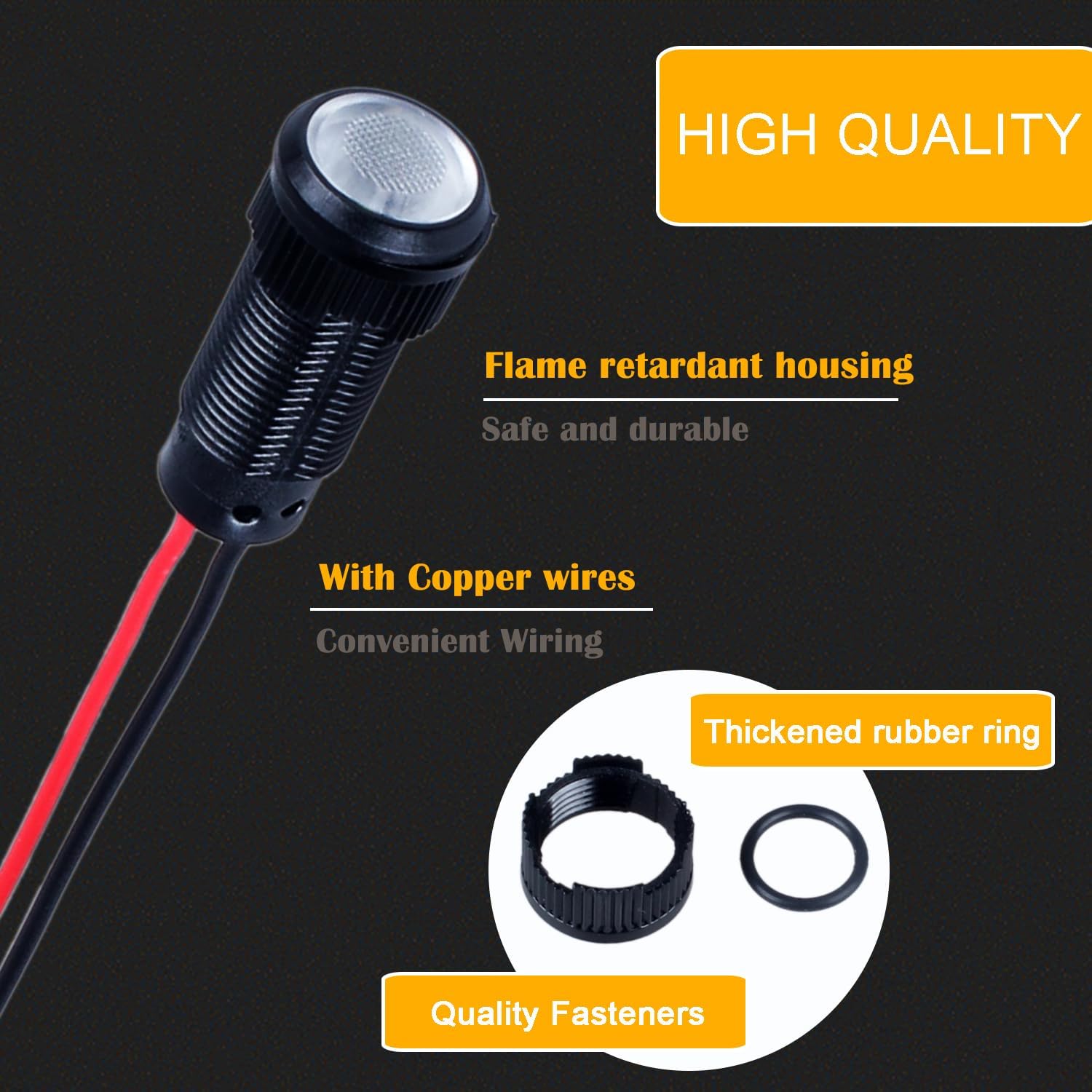 5pcs 10mm LED Indicator Light Plastic Black Signal Dot Lamp 12V-24V 2/5" Mounting Hole Size with 15cm/5.9in. Wire (White LED)