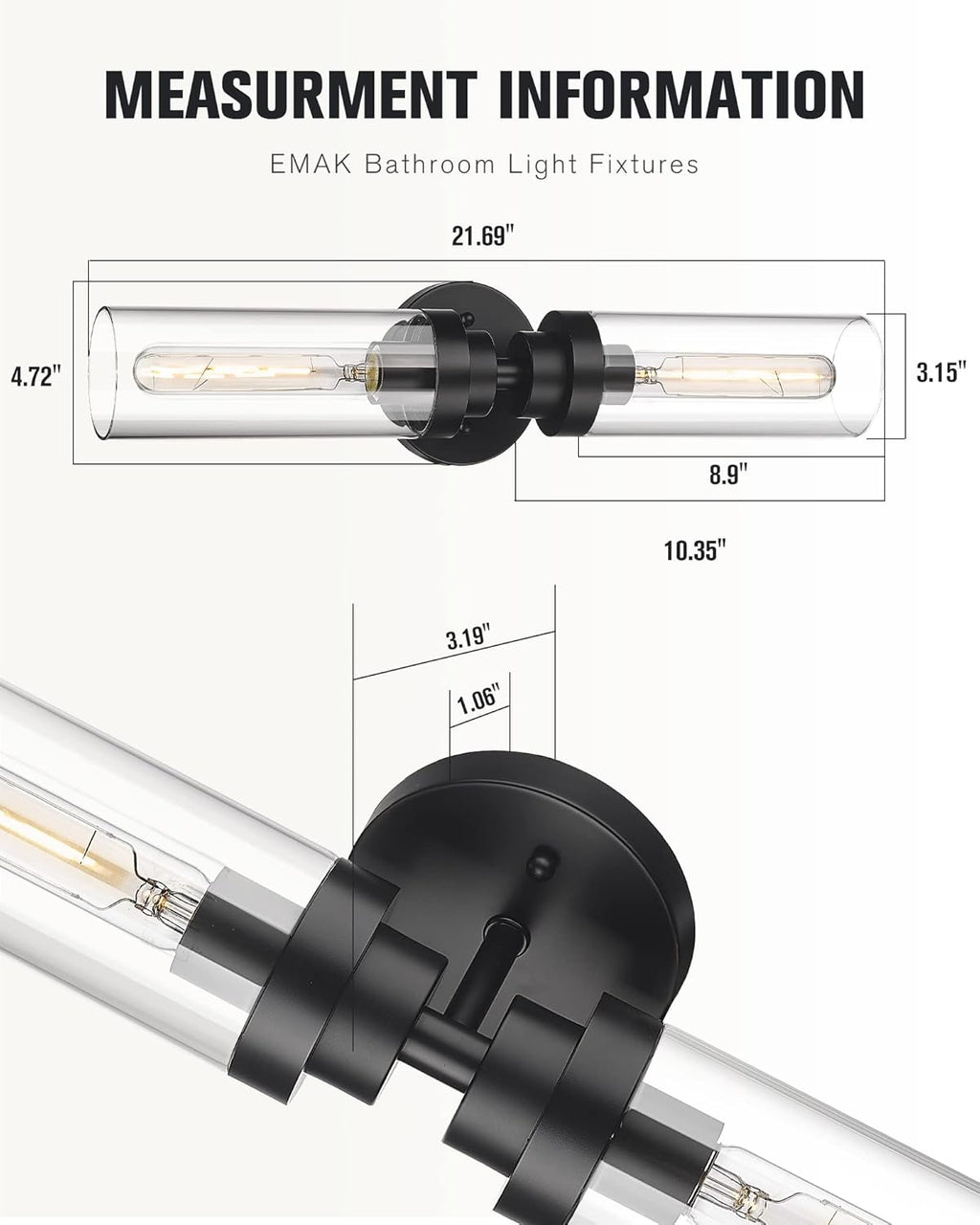 Emak 2 Light Black Vanity Lights for Bathroom,22 Inch Bathroom Light Fixtures Modern Wall Sconces with Clear Glass Shade for Bath, Bedroom, Hallway, VL085-BK-2