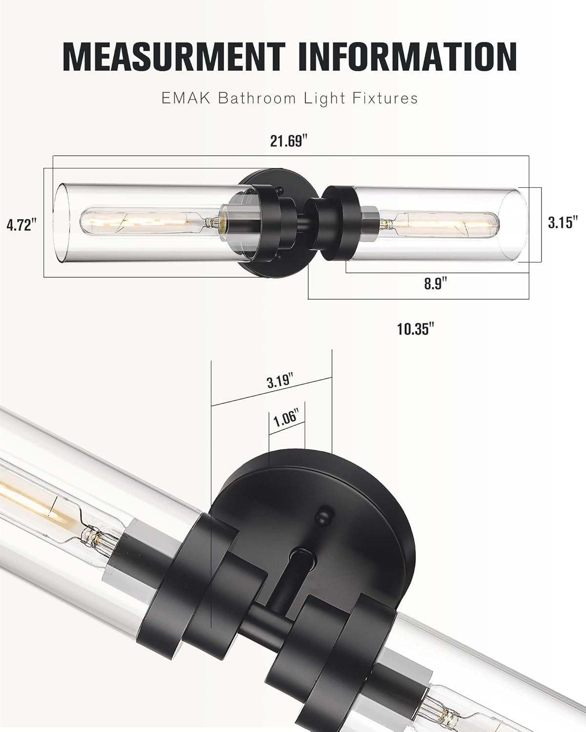 Emak 2 Light Black Vanity Lights for Bathroom,22 Inch Bathroom Light Fixtures Modern Wall Sconces with Clear Glass Shade for Bath, Bedroom, Hallway, VL085-BK-2