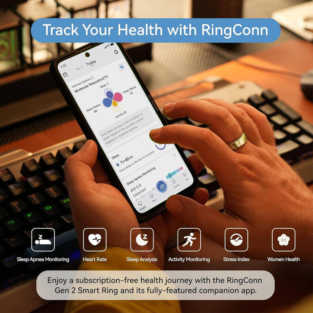 RingConn Gen 2, World’s First Smart Ring with Sleep Apnea Monitoring, No APP Subscription, 12-Day Battery Life, Stress/Heart Rate/Women's Health Tracker, Android & iOS Compatible (Gold, Size 14)