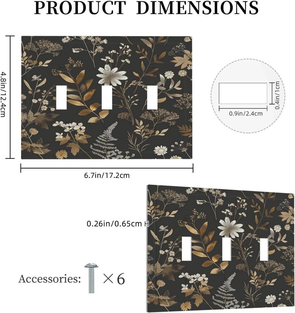 Decorative Switch Plates Black Gold Floral Dark Leaves Vintage Flowers 3 Gang Wall Plate Triple Toggle Light Switch Cover Faceplate Electrical Wall Panels for Bed Room Home Decor