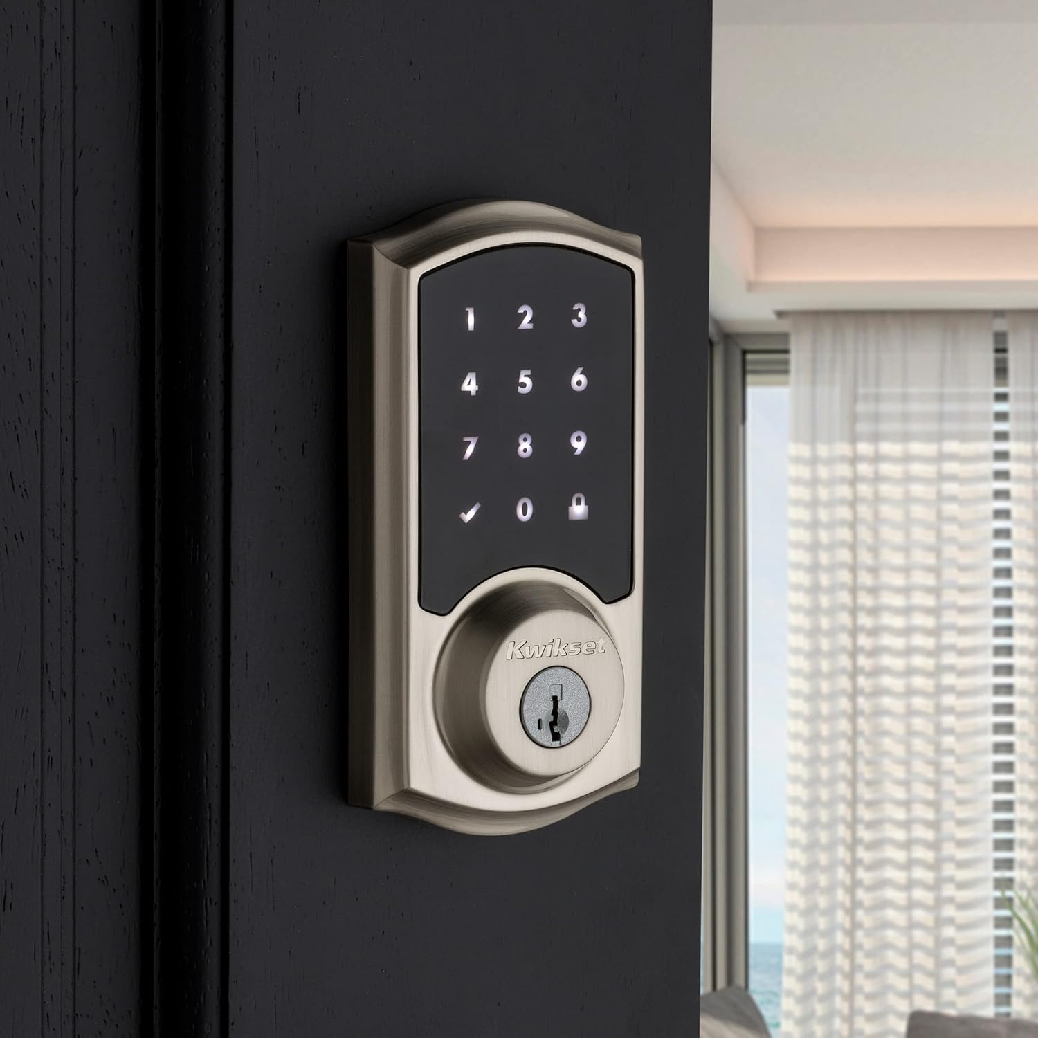 Kwikset SmartCode 916 Z-Wave Smart Lock, Keyless Entry Ring Compatible Door Lock, Touchscreen Electronic Deadbolt, SmartKey Re-Key Security, Smart Hub Required, Traditional Satin Nickle