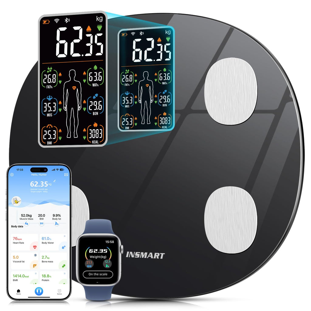 INSMART Smart Scale for Body Weight, All-in-one LCD Display Bathroom Weight Scales Body Fat Scale,Bluetooth Digital Smart Weighing Scale with Heart Rate,Heart Index & Body Composition Analyzer,396 lbs