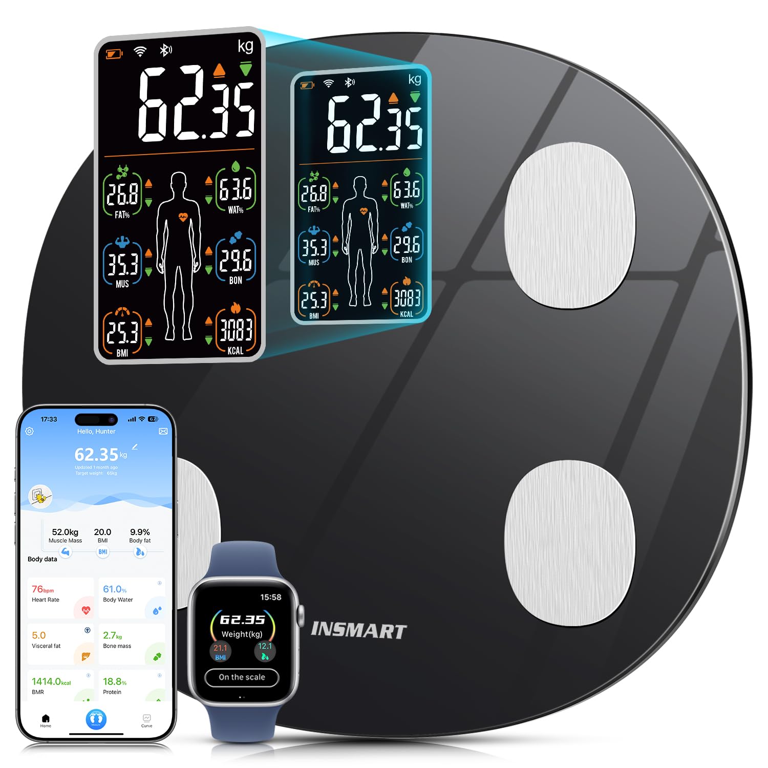 INSMART Smart Scale for Body Weight, All-in-one LCD Display Bathroom Weight Scales Body Fat Scale,Bluetooth Digital Smart Weighing Scale with Heart Rate,Heart Index & Body Composition Analyzer,396 lbs