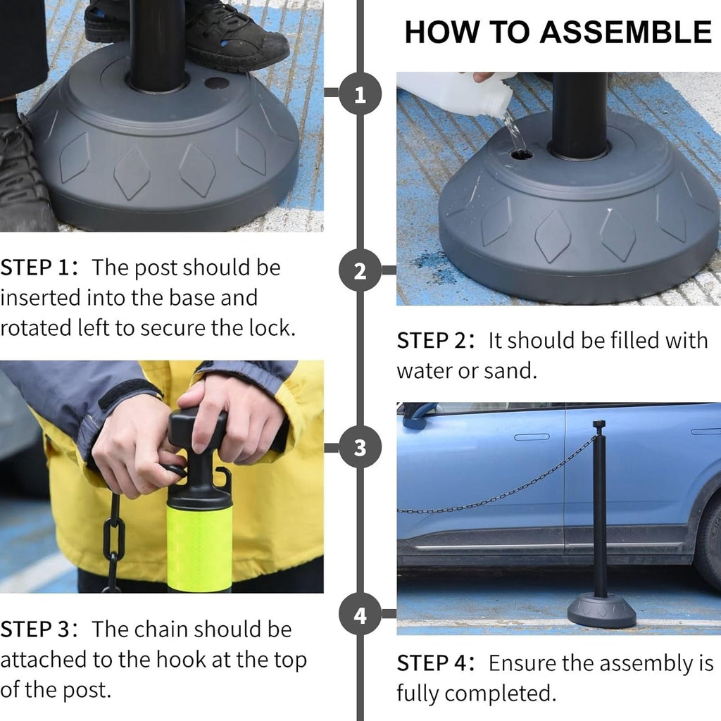 6 Pack Traffic Delineator Post Cones with Plastic Chain Crowd Control Barriers - Expandable 40" Traffic Control Cones, 6 x 6.6 Ft Chains for Indoor & Outdoor Use (Black-Water Filled Base)