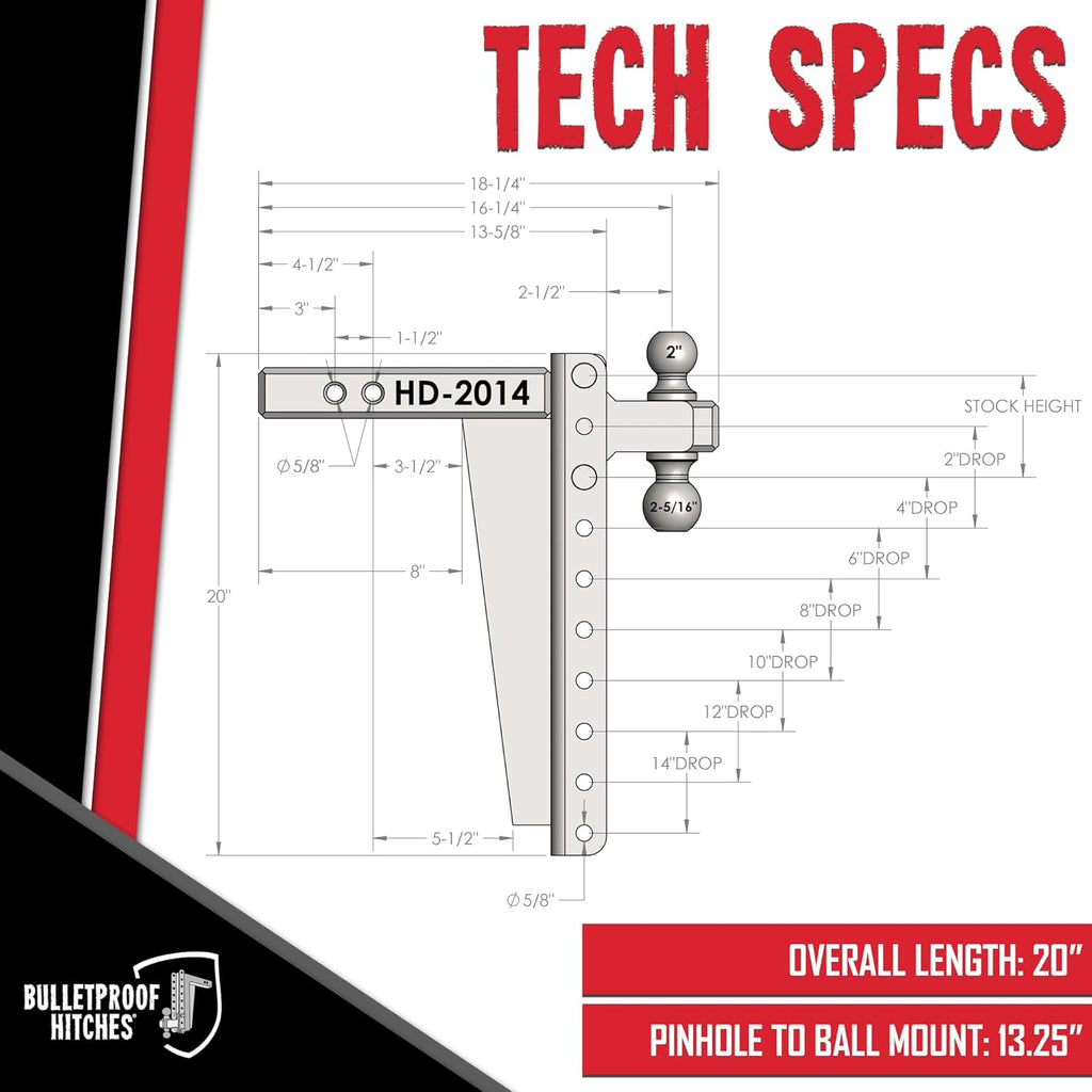 BulletProof Hitches - 2.0" Adjustable Heavy Duty Trailer Hitch (22,000 lb. Rating) - 14" Drop/Rise Trailer Hitch with 2" & 2-5/16" Dual Ball - Powder Coat, Solid Steel, Corrosion-Resistant