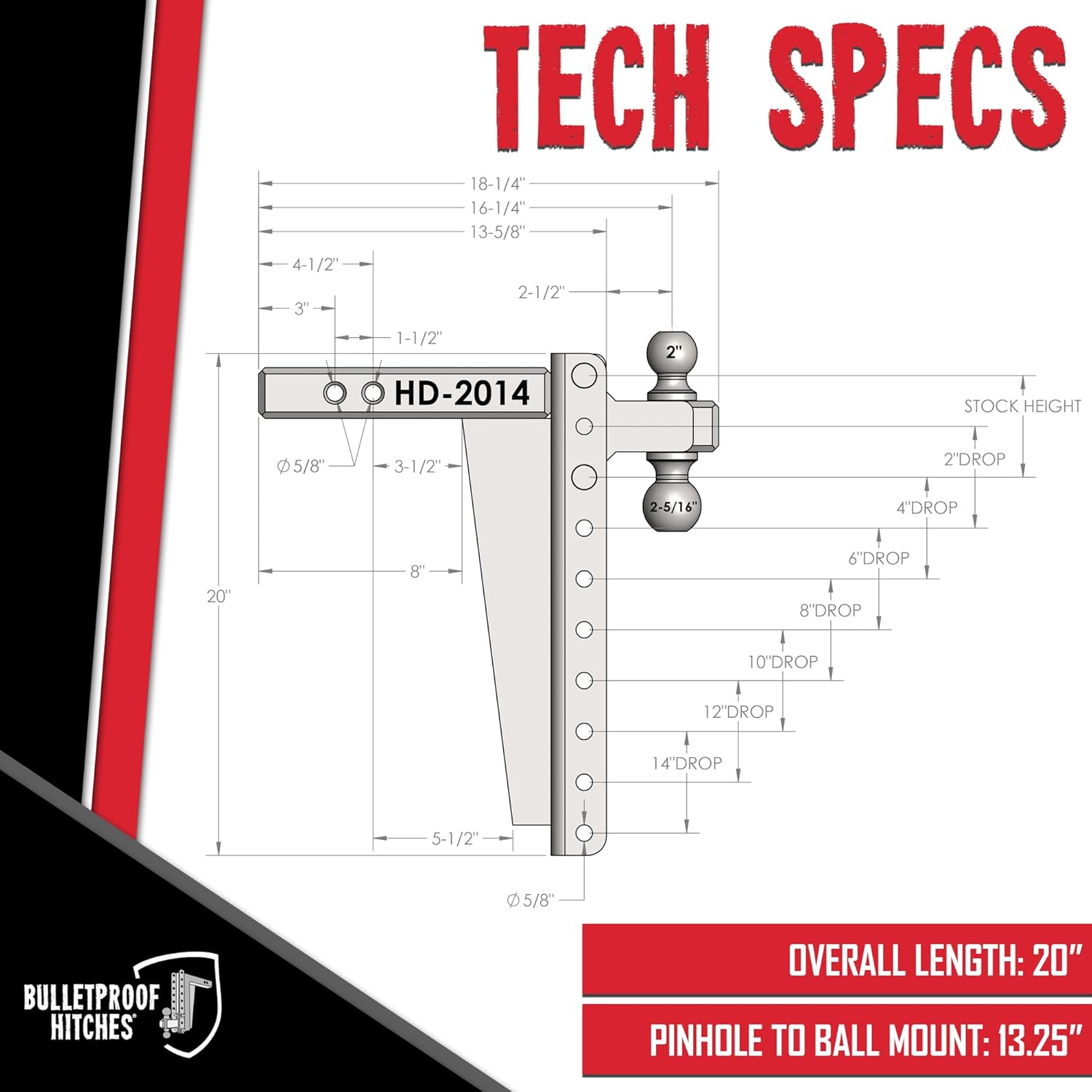 BulletProof Hitches - 2.0" Adjustable Heavy Duty Trailer Hitch (22,000 lb. Rating) - 14" Drop/Rise Trailer Hitch with 2" & 2-5/16" Dual Ball - Powder Coat, Solid Steel, Corrosion-Resistant